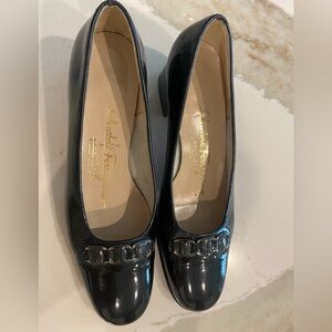 Salvatore Ferragammo  Black Patent Leather Pumps with Silver/Black Chain Accent